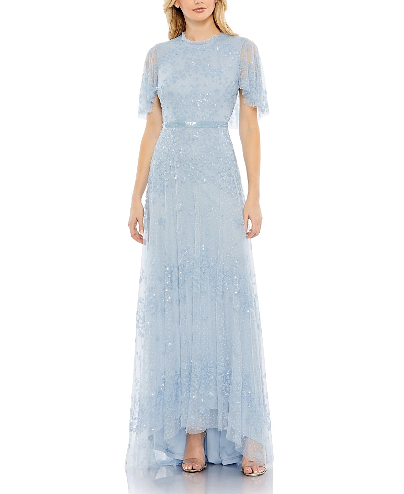 Mac Duggal Sequined High Neck Flutter Sleeve A Line Gown In Powder Blue