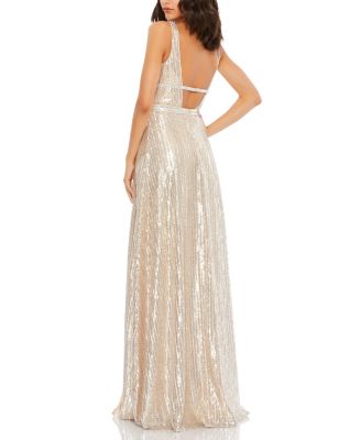 Metallic Sequined Plunge Neck Gown