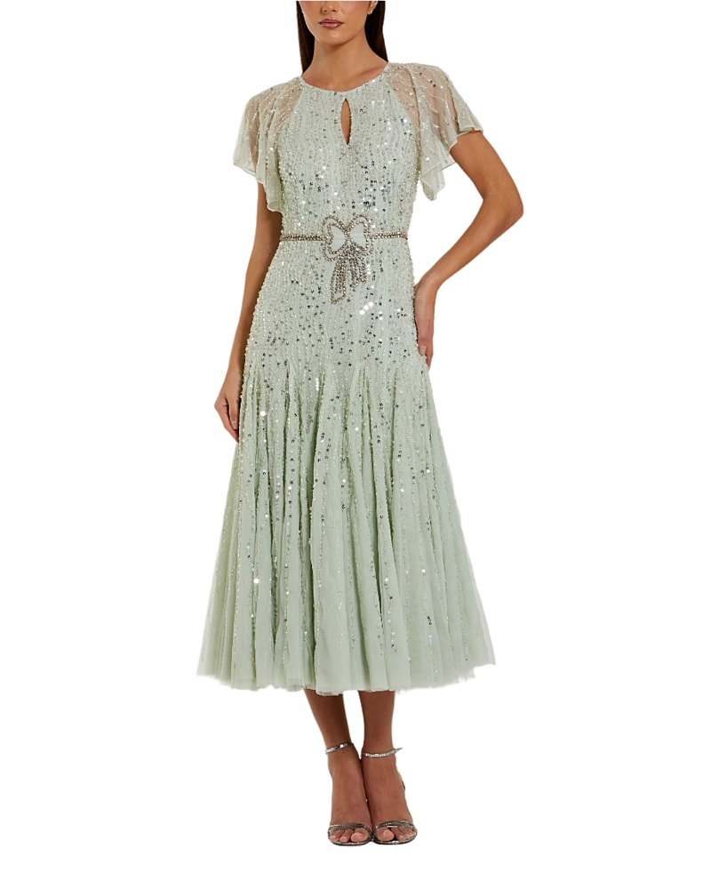 Mac Duggal Beaded Mesh Flutter Sleeve A Line Midi Dress In Seafoam