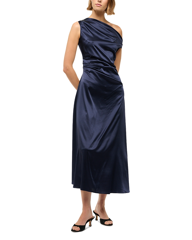 Staud Stretch-silk Asymmetric Phare Midi Dress In Navy