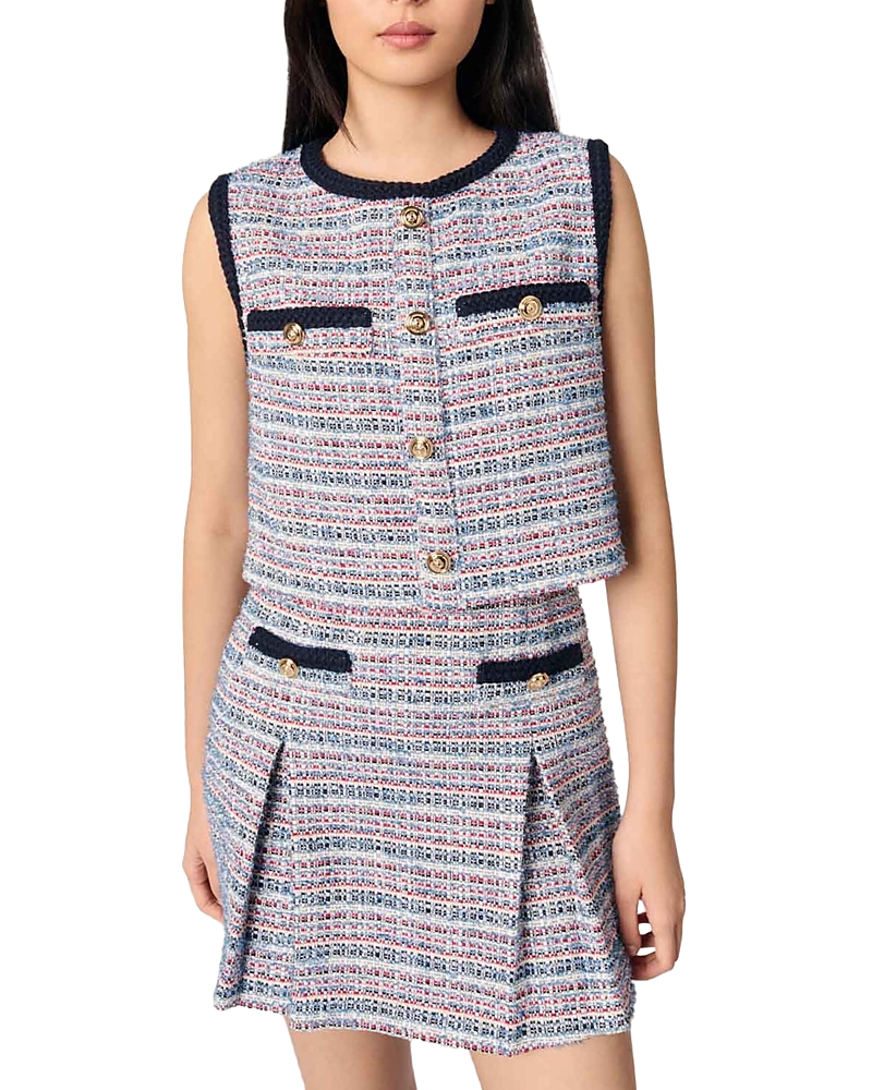Maje Tweed Two-in-one Mini Dress In Blue/red