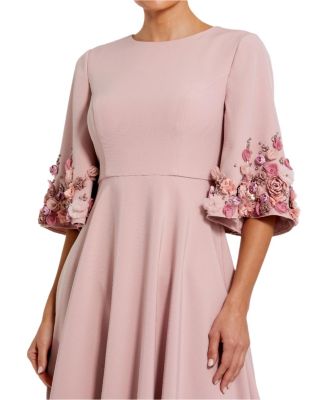  Satin Elbow Sleeve Gown With Flower Trim