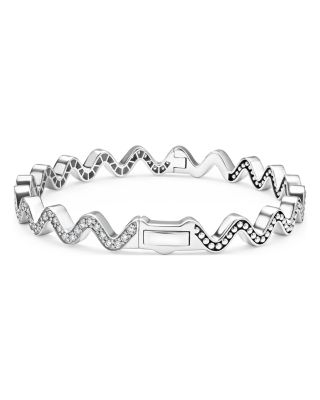 Sterling Silver Caviar Spark Diamond Wavy Bangle Bracelet