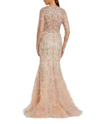  Embroidered Illusion Long Sleeve Trumpet Gown