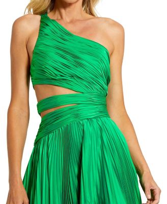  One Shoulder Pleated Charmeuse Gown with Slit