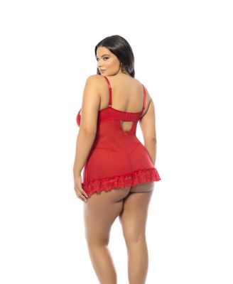 Plus Valentine Soft Cup Lace Babydoll with Bows and G-string Panty