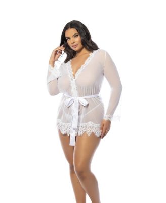  Plus Size Provence Eyelash Lace Robe with Sash and G-string Panty