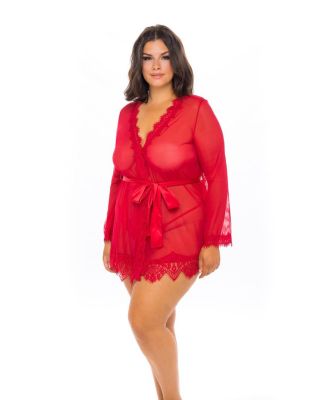 Plus Size Provence Eyelash Lace Robe with Sash and G-string Panty