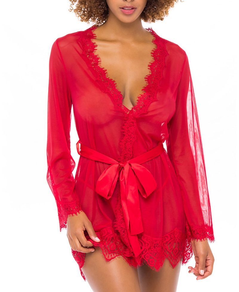 Oh La La Cheri Provence Eyelash Lace Robe with Sash and G-string Panty