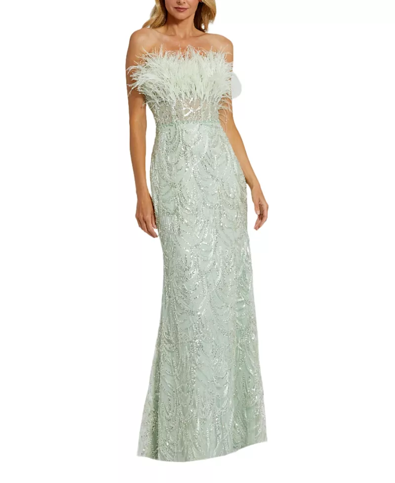 Mac Duggal Strapless Feather Bustier Gown with Embroidery