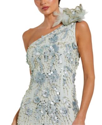 Beaded Mesh One Shoulder Trumpet Gown With Flower