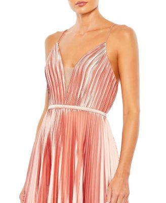 Plunge Neck Pleated Evening Gown