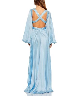 Long Sleeve Pleated Charmeuse Cut Out Gown
