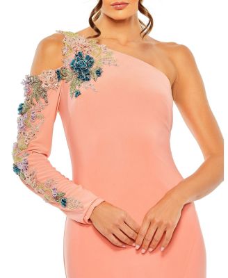 One Shoulder Long Sleeve Floral Embellished Gown