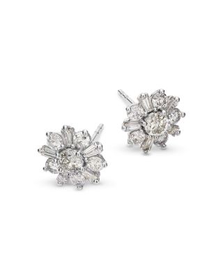 Diamond Flower Stud Earrings in 14K White Gold, 1.25 tcw