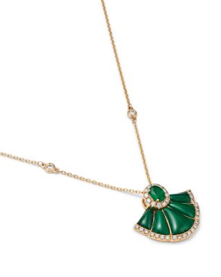 Emerald, Malachite & Diamond Pendant Necklace in 14K Yellow Gold, 18"