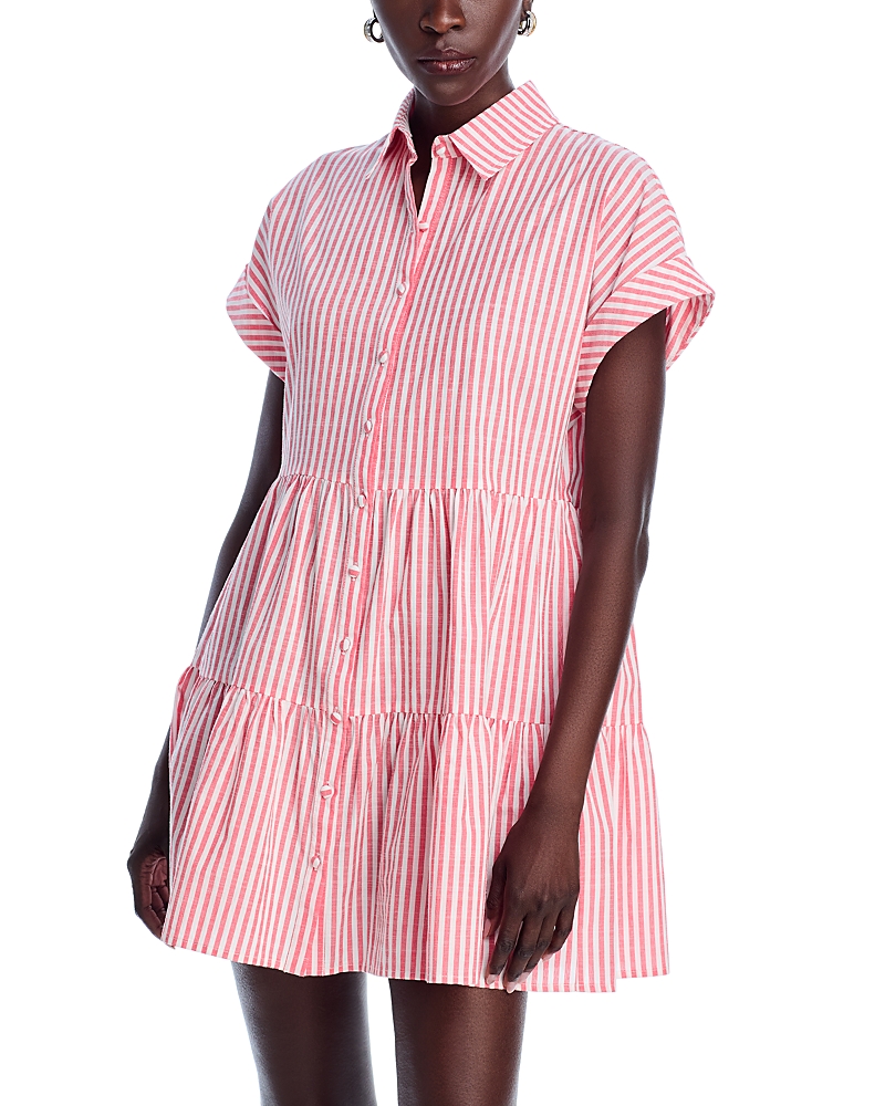 Aqua Stripe Mini Shirt Dress - Exclusive In Coral/white