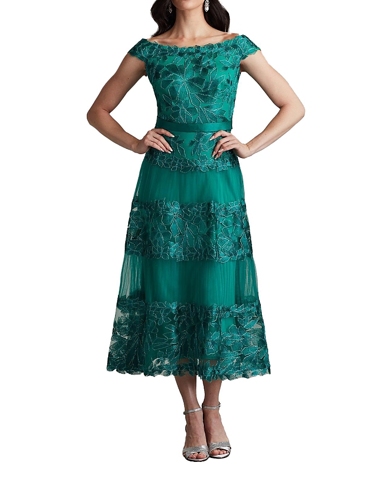 Tadashi Shoji Geometric Floral Embroidered Tulle Dress In Green
