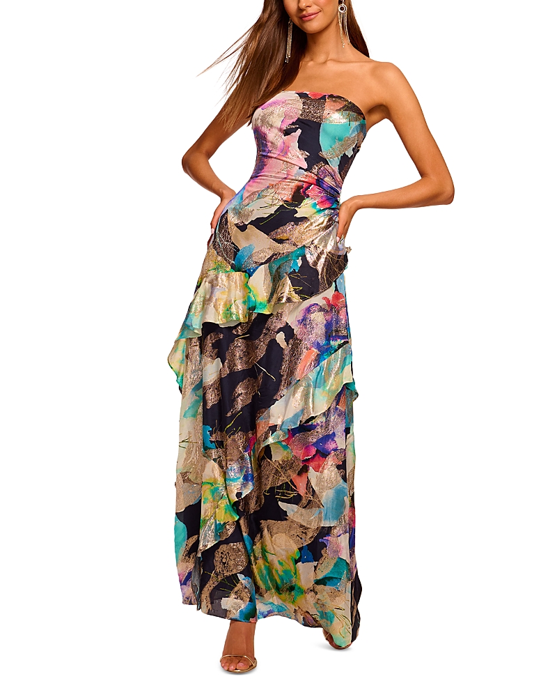 Ramy Brook Dominika Strapless Jacquard Gown In Spring Navy Marble