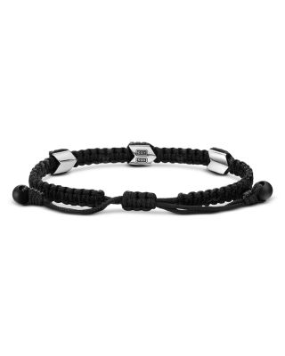 Sterling Silver Black Onyx Chevron Black Nylon Woven Station Bracelet
