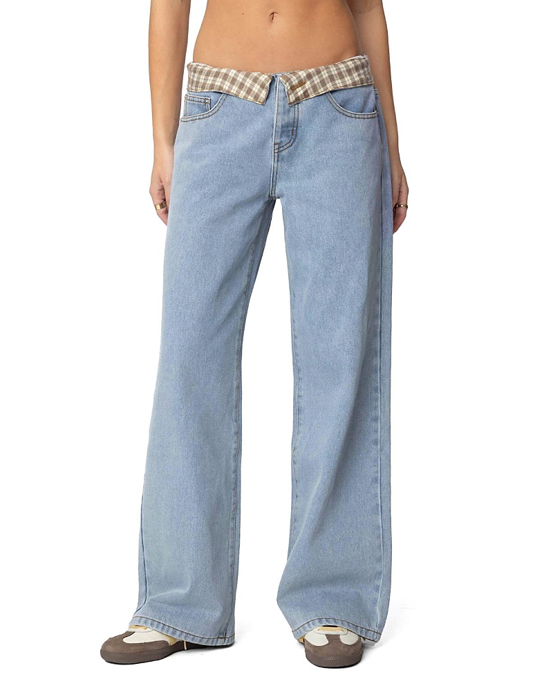 Edikted Peekaboo Plaid Low Rise Wide Leg Jeans In Light Blue