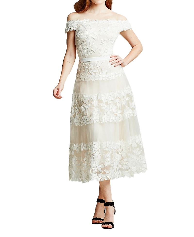 Tadashi Shoji Adriane Floral Embroidered Tea-length Dress In Ivory