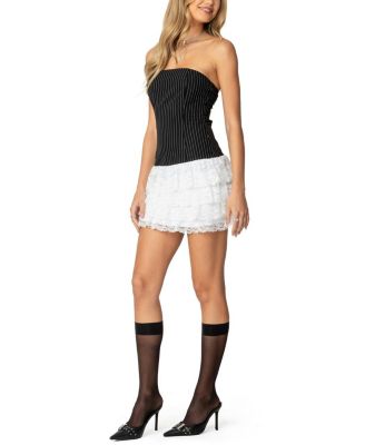 Strapless Pinstripe Ruffle Skirt Mini Dress