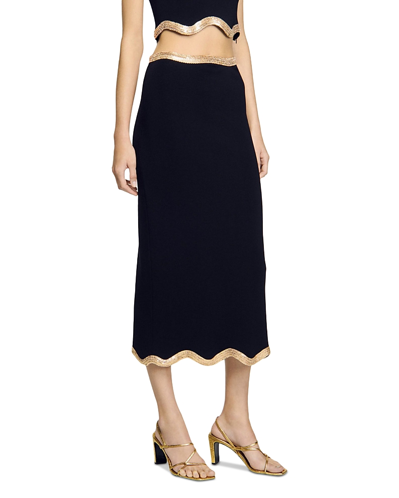 Sandro Long Knitted Skirt With Chain Detail In Black