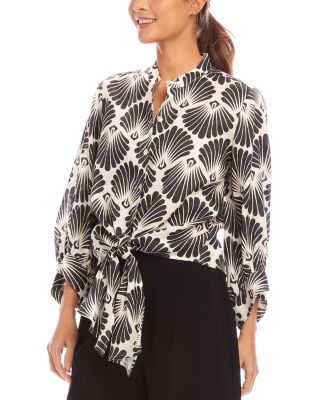 Linen Printed Blouson Sleeve Tie Front Top