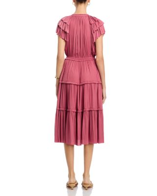 Flutter Sleeve Split Neck Flare Airflow Dress