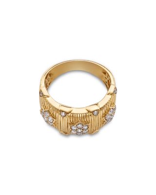 Diamond Band Ring with Flowers in 14K Yellow Gold, 0.43 tcw