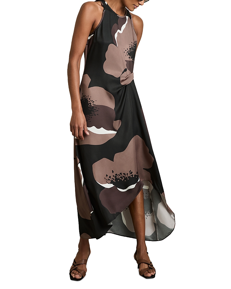 Reiss Womens Michalie Floral-print Satin Midi Dress Brown In Brown