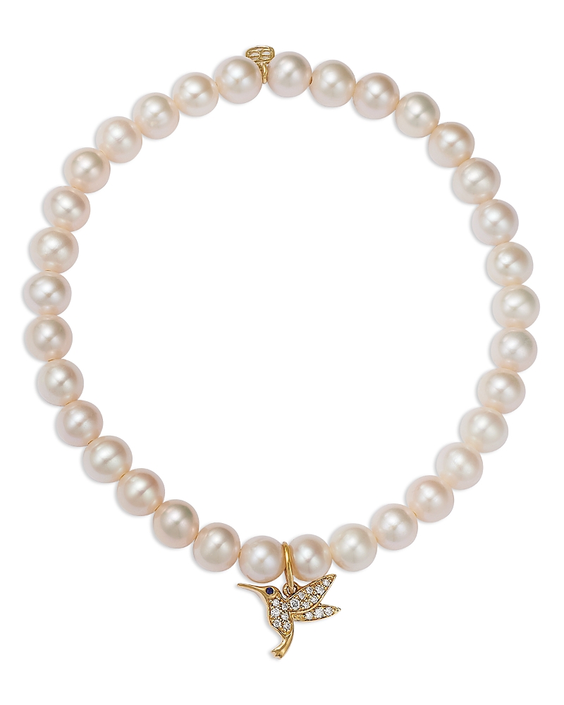 Sydney Evan 14k Yellow Gold Diamond & Emerald Hummingbird Charm Beaded Bracelet In Gold