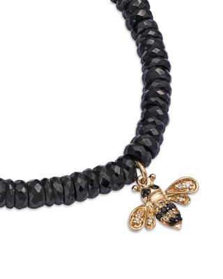 14K Yellow Gold White Diamond & Black Diamond Small Bee Charm Beaded Bracelet
