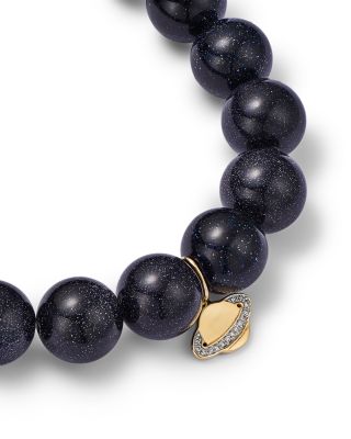 14K Yellow Gold Diamond Pav&eacute; Saturn Charm Blue Goldstone Beaded Stretch Bracelet