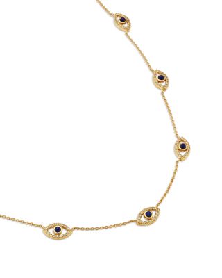 14K Yellow Gold Blue Lapis Lazuli And White Topaz Evil Eye Station Necklace, 18&amp;quot;-19&amp;quot;