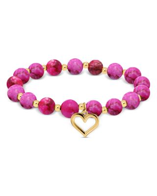 AQUA - Pink Agate Beads & Heart Charm Stretch Bracelet - Exclusive