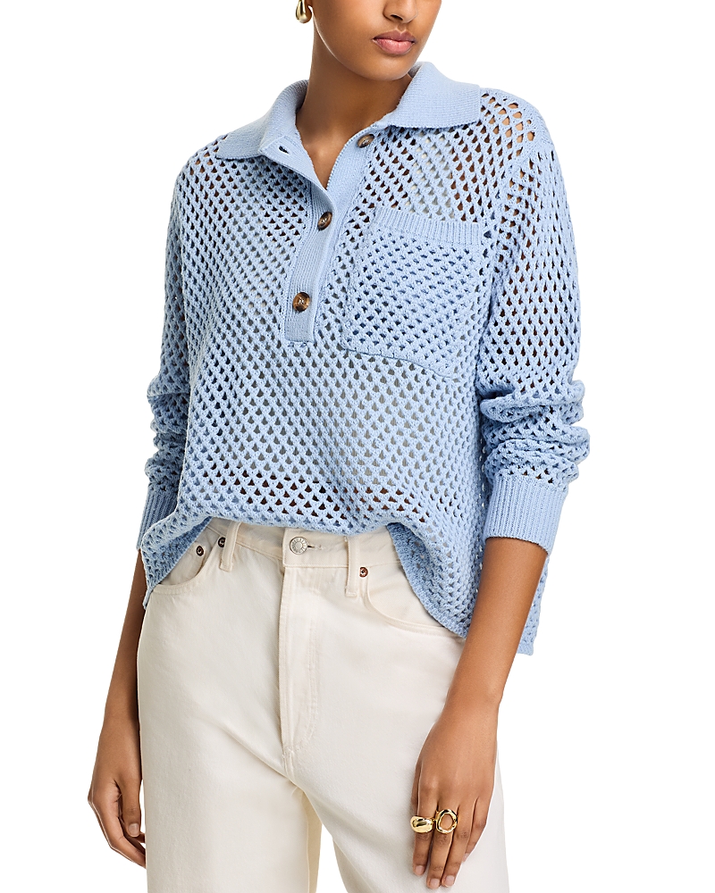 AQUA OPEN STITCH CROCHET POLO SWEATER - EXCLUSIVE