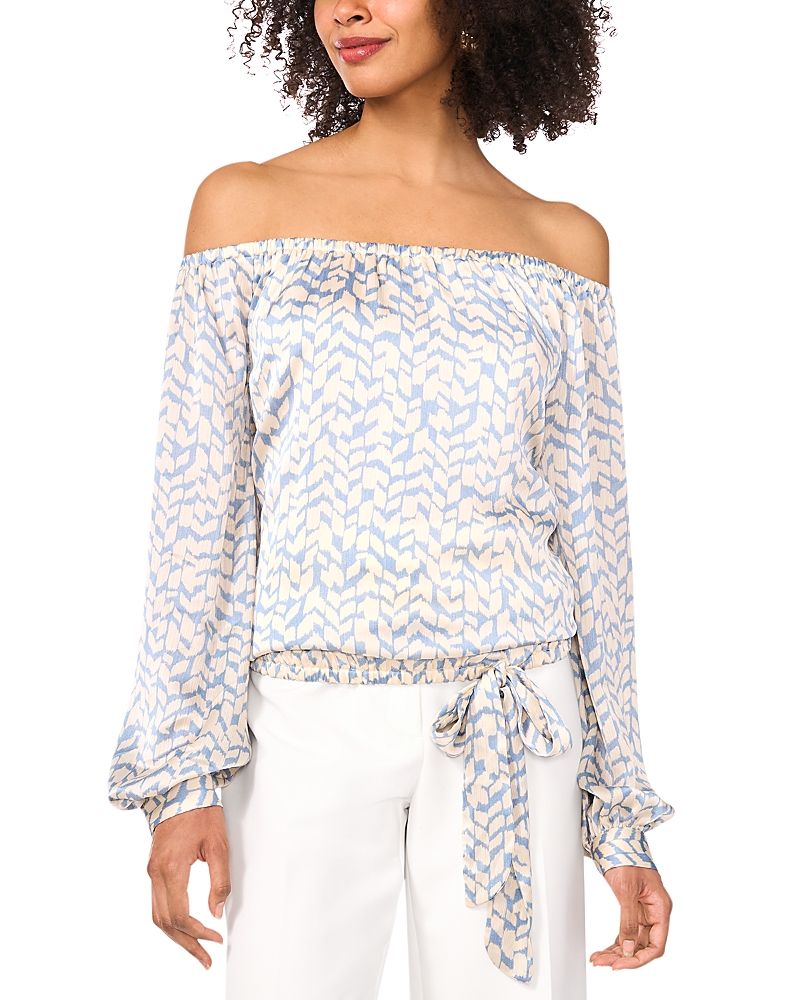 Vince Camuto Abstract Print Off The Shoulder Satin Top In Lake Breeze