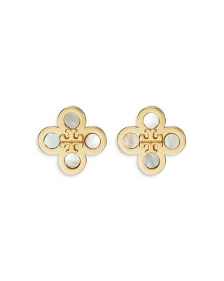 Tory Burch Kira Mother Of Pearl Clover Stud Earrings in Gold Tone