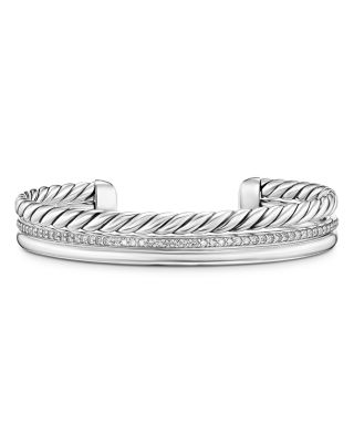 David Yurman - Three Row Cuff Bracelet in Sterling Silver with Diamonds, 10mm