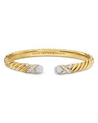 Sculpted Cable X Cuff Bracelet in 18K Yellow Gold with Diamonds, 6mm Description