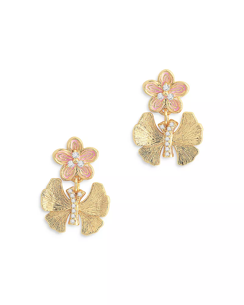 Anabel Aram Pave Butterfly & Flower Drop Earrings in 18K Gold Plated