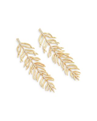 Pav&eacute; Palm Leaf Linear Drop Earrings in 18K Gold Plated