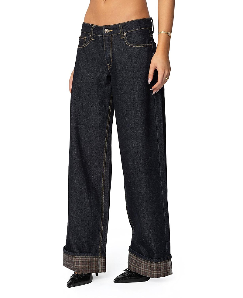 Edikted Plaid Cuffed Low Rise Jeans In Blue In Blue