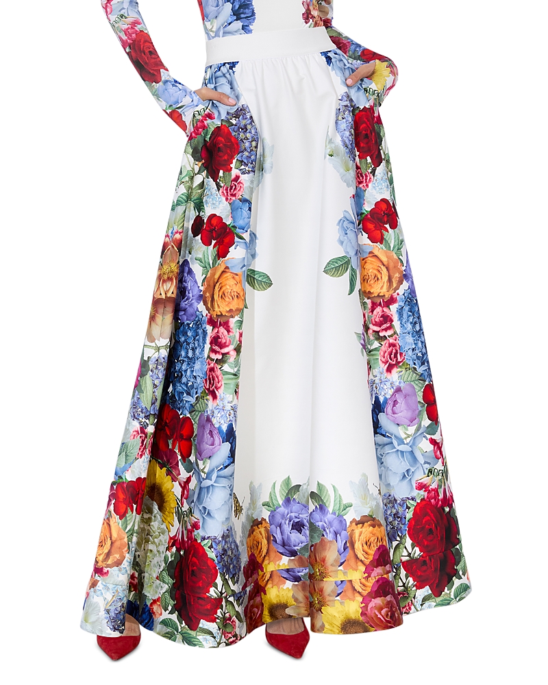Alice And Olivia Earla Floral Flared Midi Skirt In White Floral