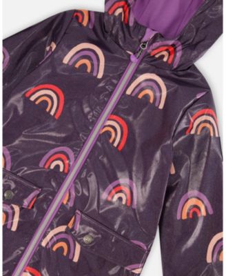 Girls' Printed Rain Coat with Hat on Shiny Background - Little Kid