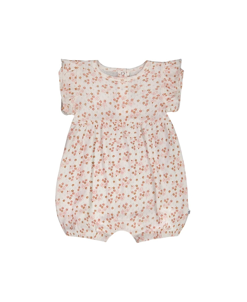 Deux Par Deux Baby Girl's Organic Cotton Pointelle Romper With Frills Printed White And Pink Flowers In White With Pink Flowers