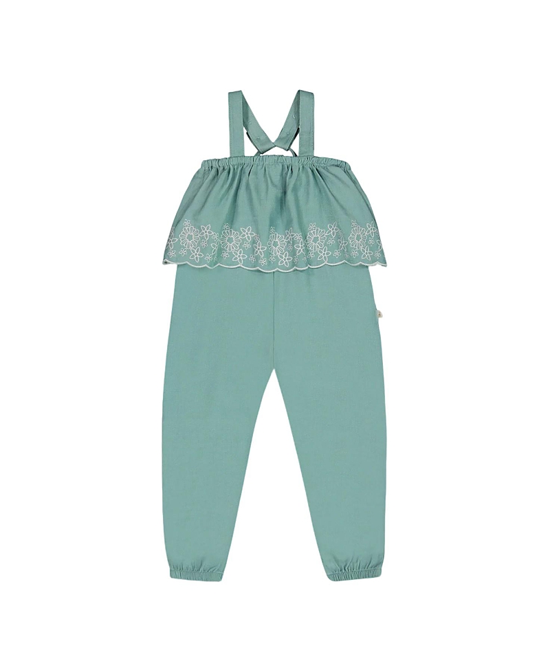 Deux Par Deux Baby Girl's Chambray Jumpsuit With Embroidery Light Blue In Light Blue