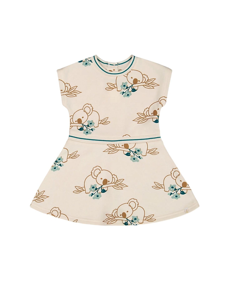 Deux Par Deux Girl's Printed French Terry Dress Off-white And Koala In Off-white And Koala